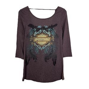 Harley Davidson Studded Retro Y2K Drape Open Back Top Shirt Brown Medium